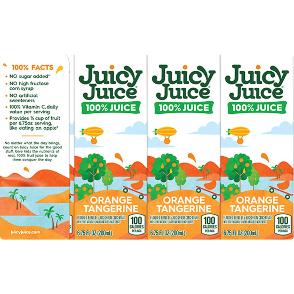 Fresh orange juice and juice boxes